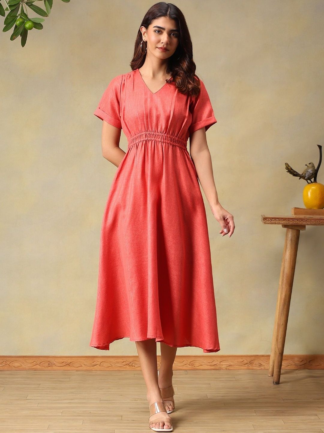 Bani Women Solid Rose Fit & Flare Midi Dress