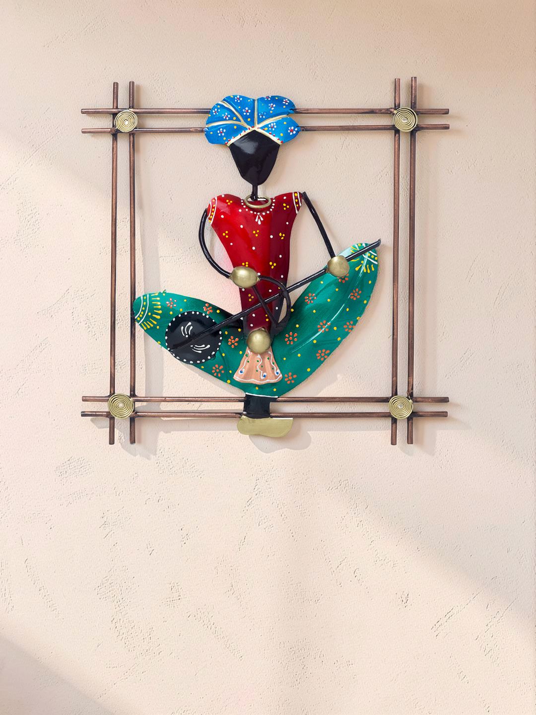 Golden Peacock Musician Wrought Metal Ethnic Motifs Glossy Hall Wall Hangings-15.7In