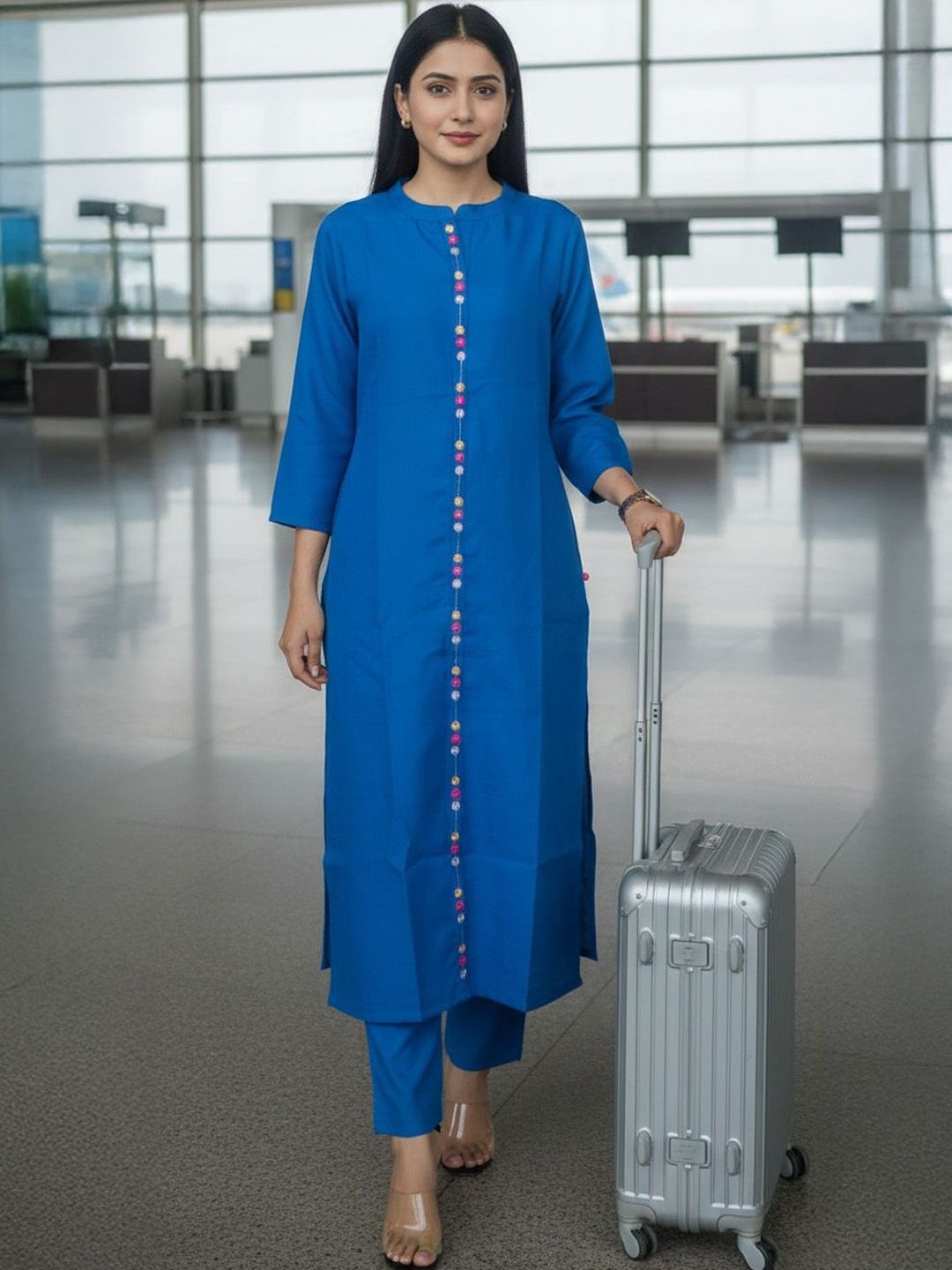 Varanga Women Regular Thread Work Kurta with Trousers