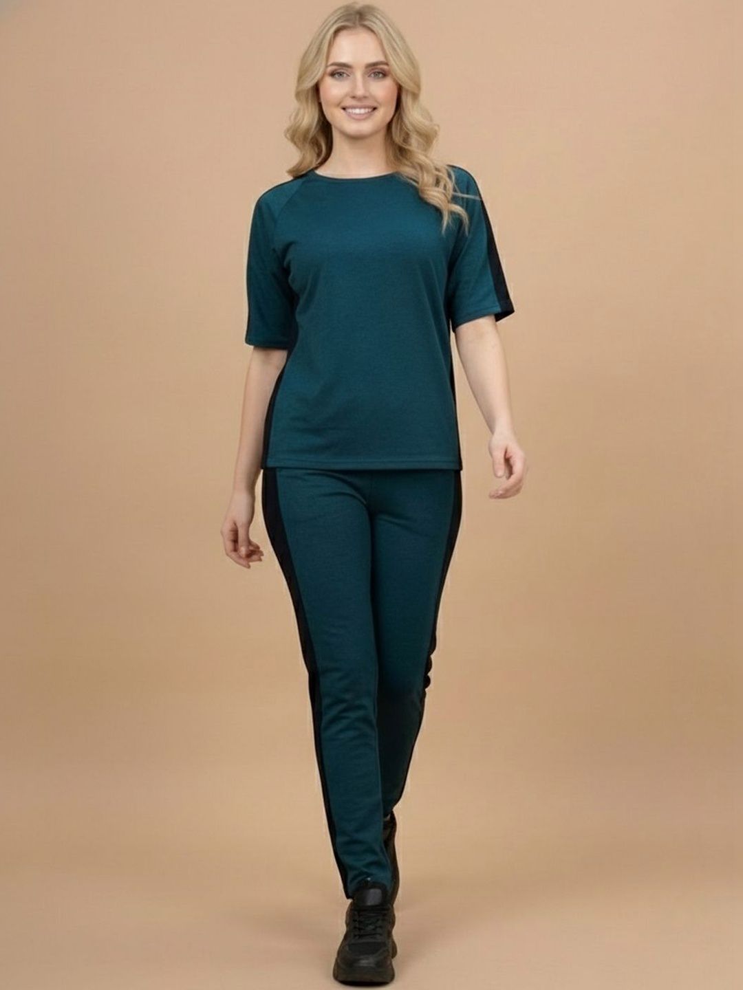 Moda Rapido Women's Dark Blue Cotton Lycra Blend Solid Tracksuit | Co-ord Set For Women| Active Wear Suit Set For Women| Track Suit Set For Women