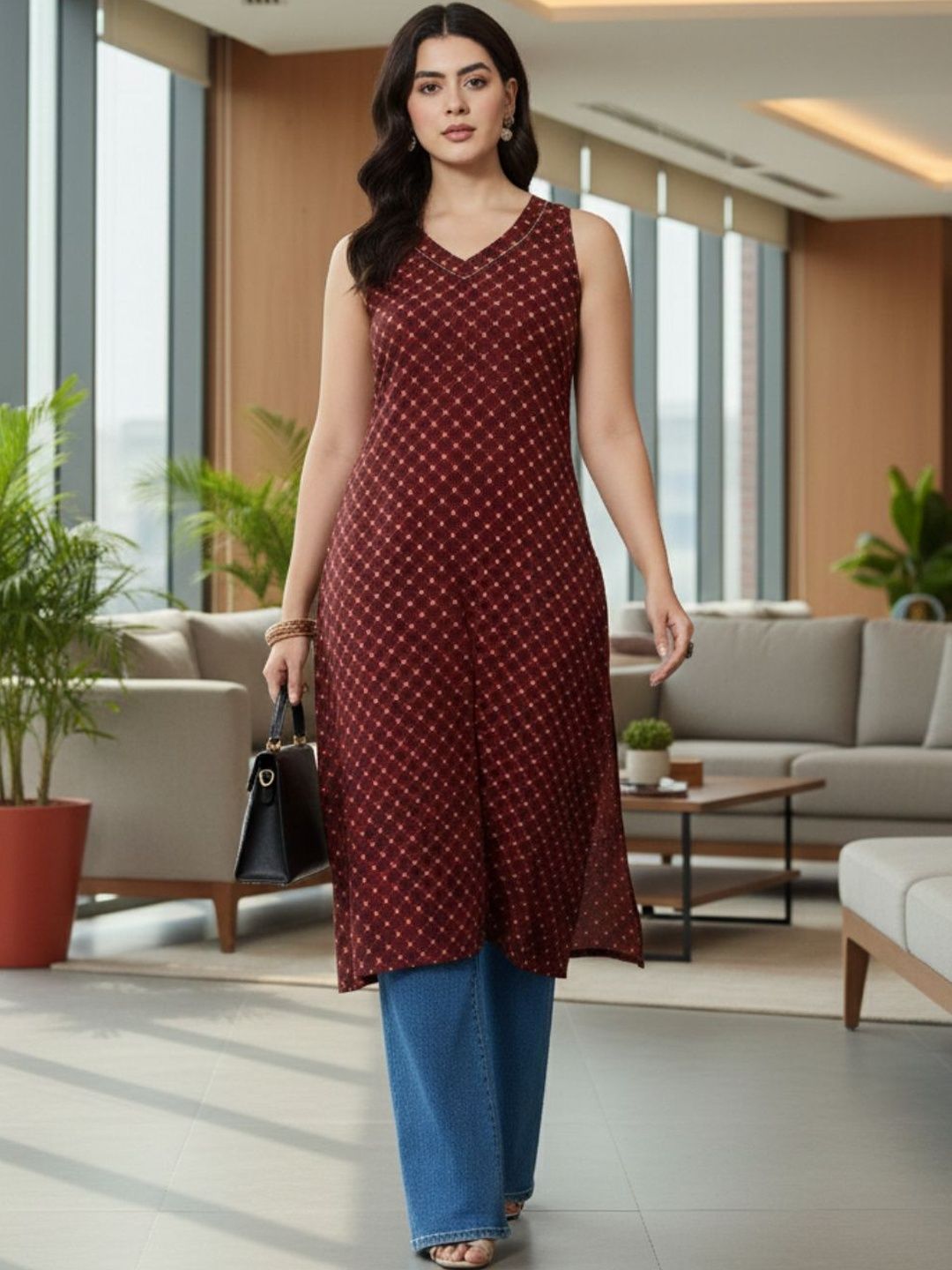 Varanga Women Geometric Printed Thread Work Kurta