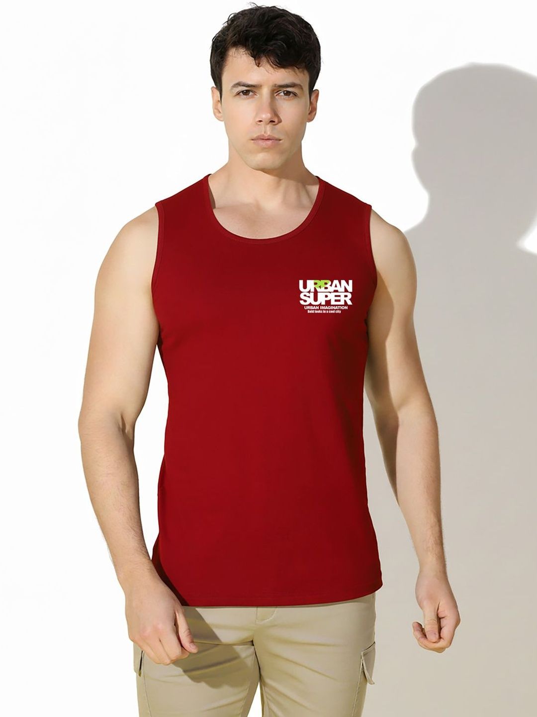 SLOWLORIS Men Maroon Printed Sleeveless Cotton Innerwear Vest