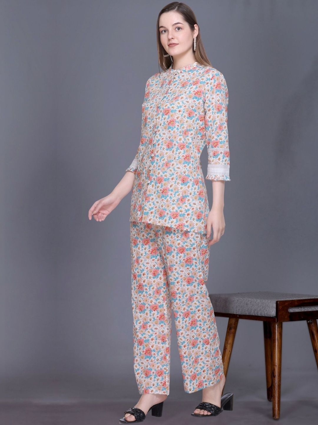 KIZA Floral Cotton Printed Top with Trousers