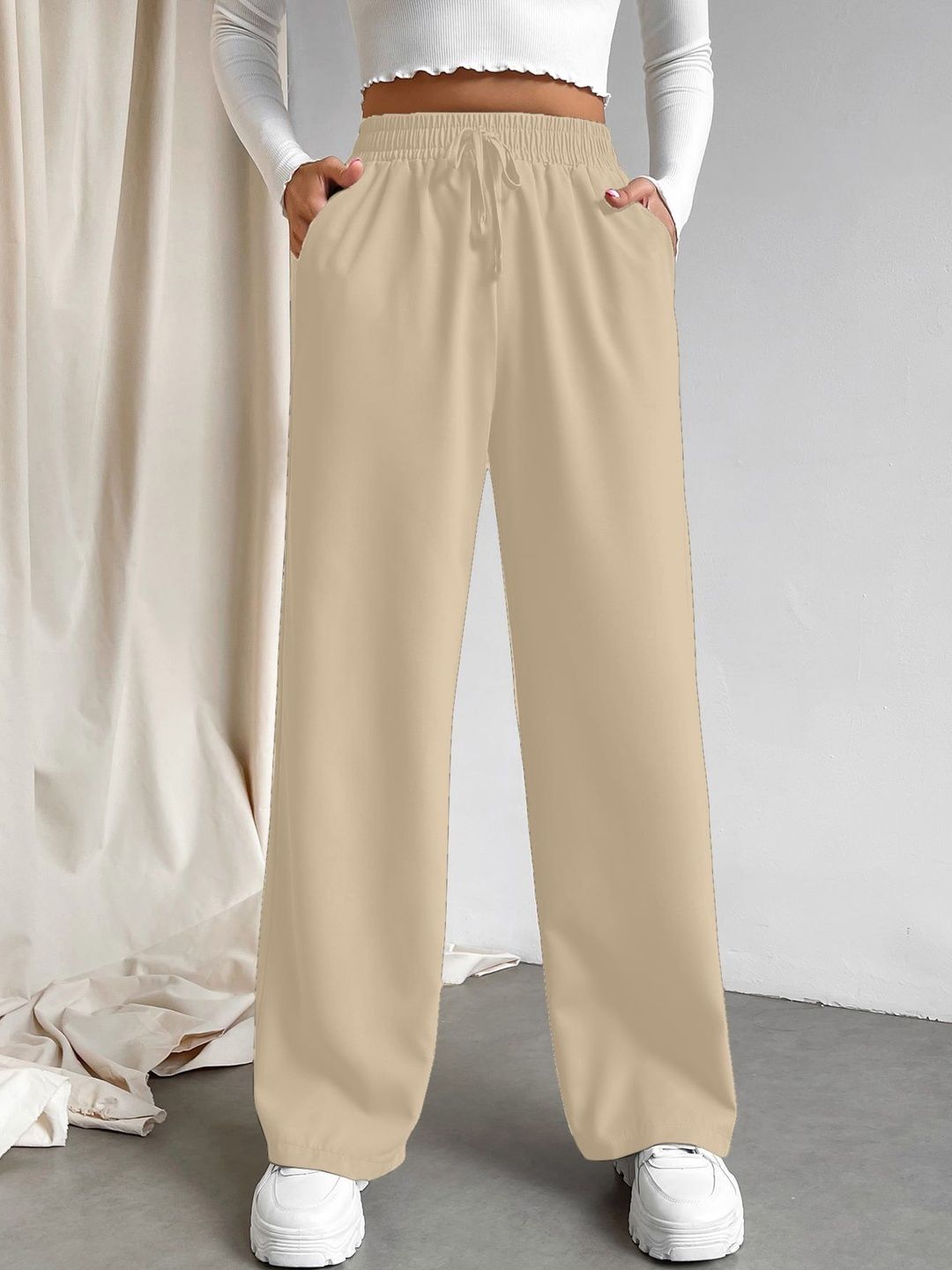 MULVARI Women Loose Fit High-Rise Easy Wash Trousers