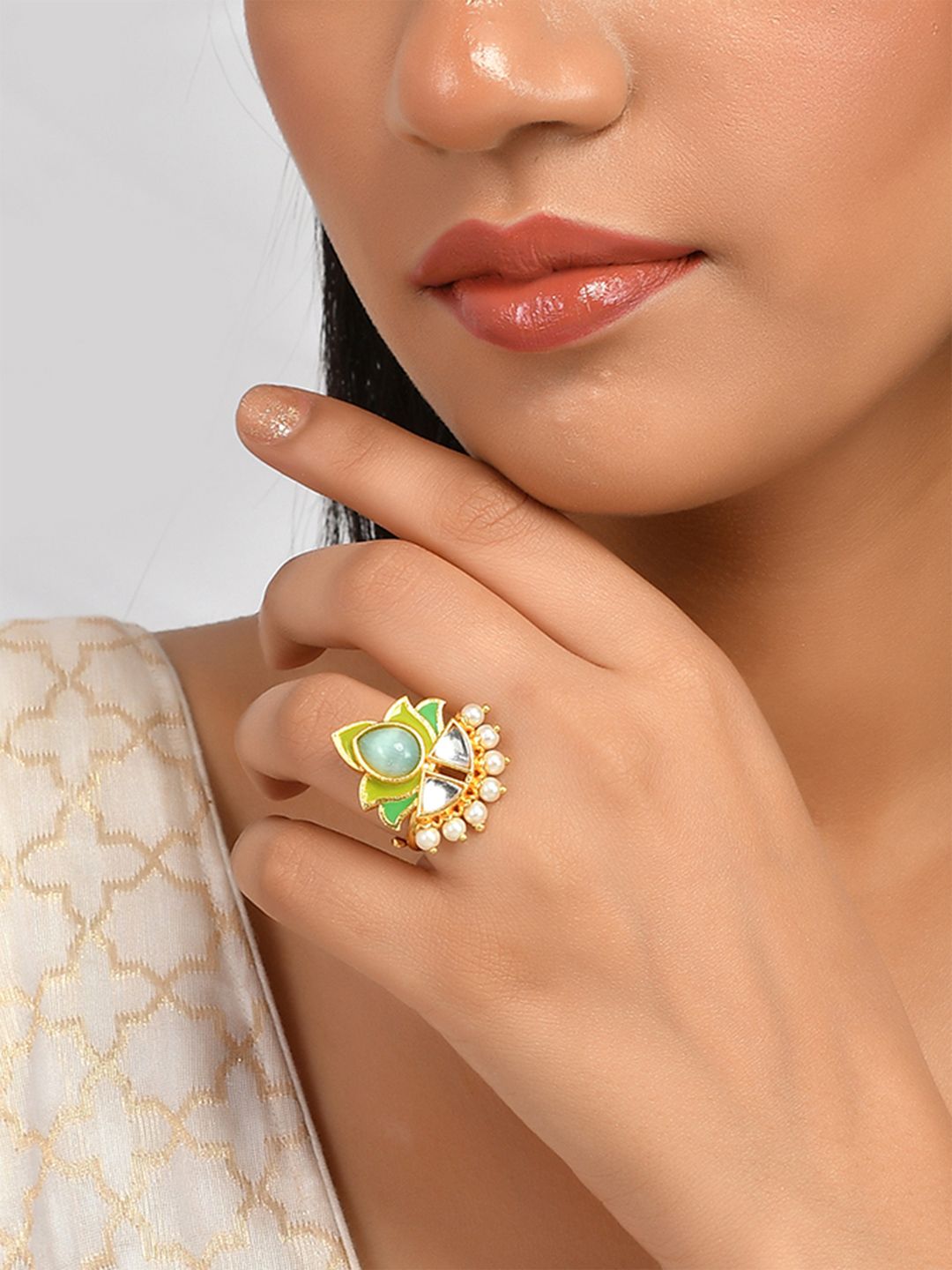 Forever More Floral Green Stone Enamelled Cocktail Ring