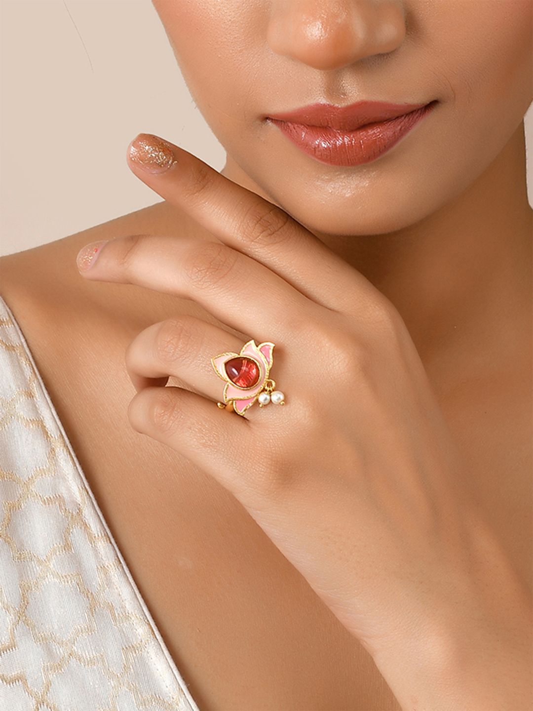 Forever More Floral Pink Stone and Pearls Ring