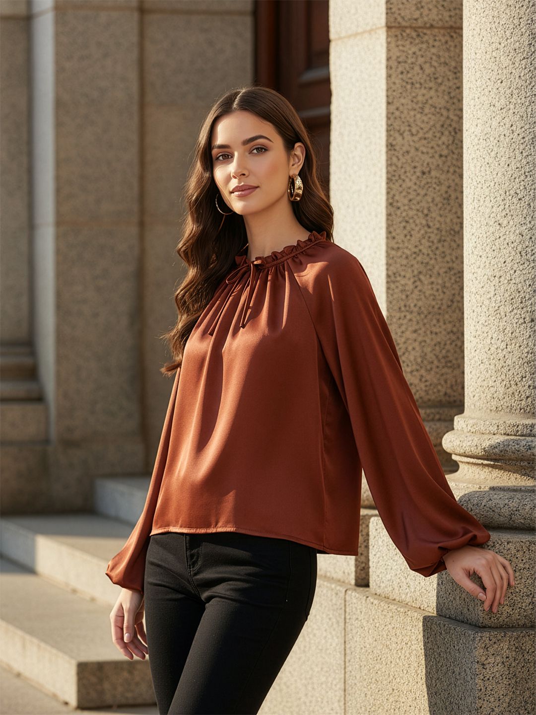 all about you Tie-Up Neck Puff Sleeve Satin Finish A-Line Top