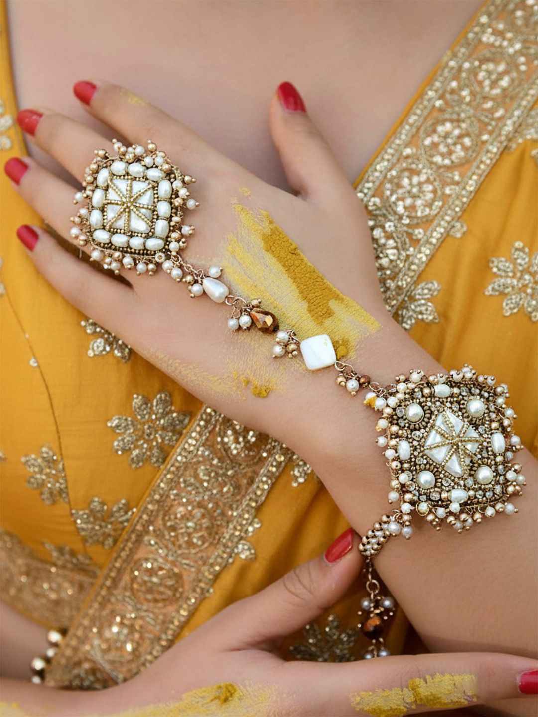 Buy EVERSTYLISH Sanjoya Apsara Gold Pearl Ethnic Shell Haldi Bridal Hand Bracelet -  - Accessories for Women