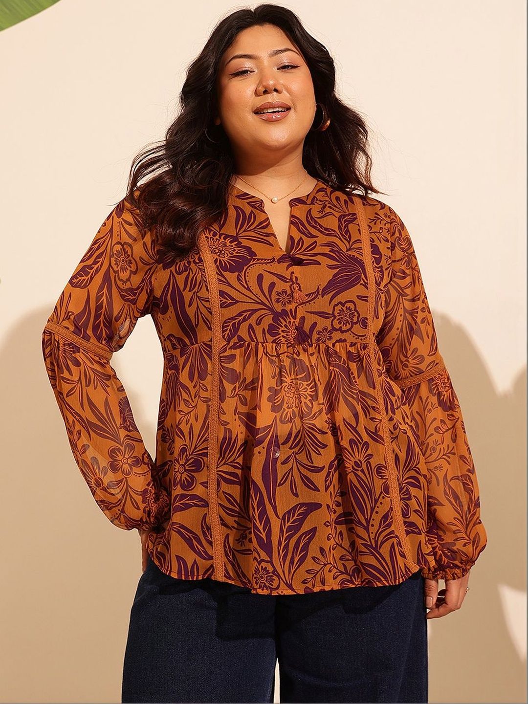 Floral Print Bishop Sleeves Chiffon Top 3