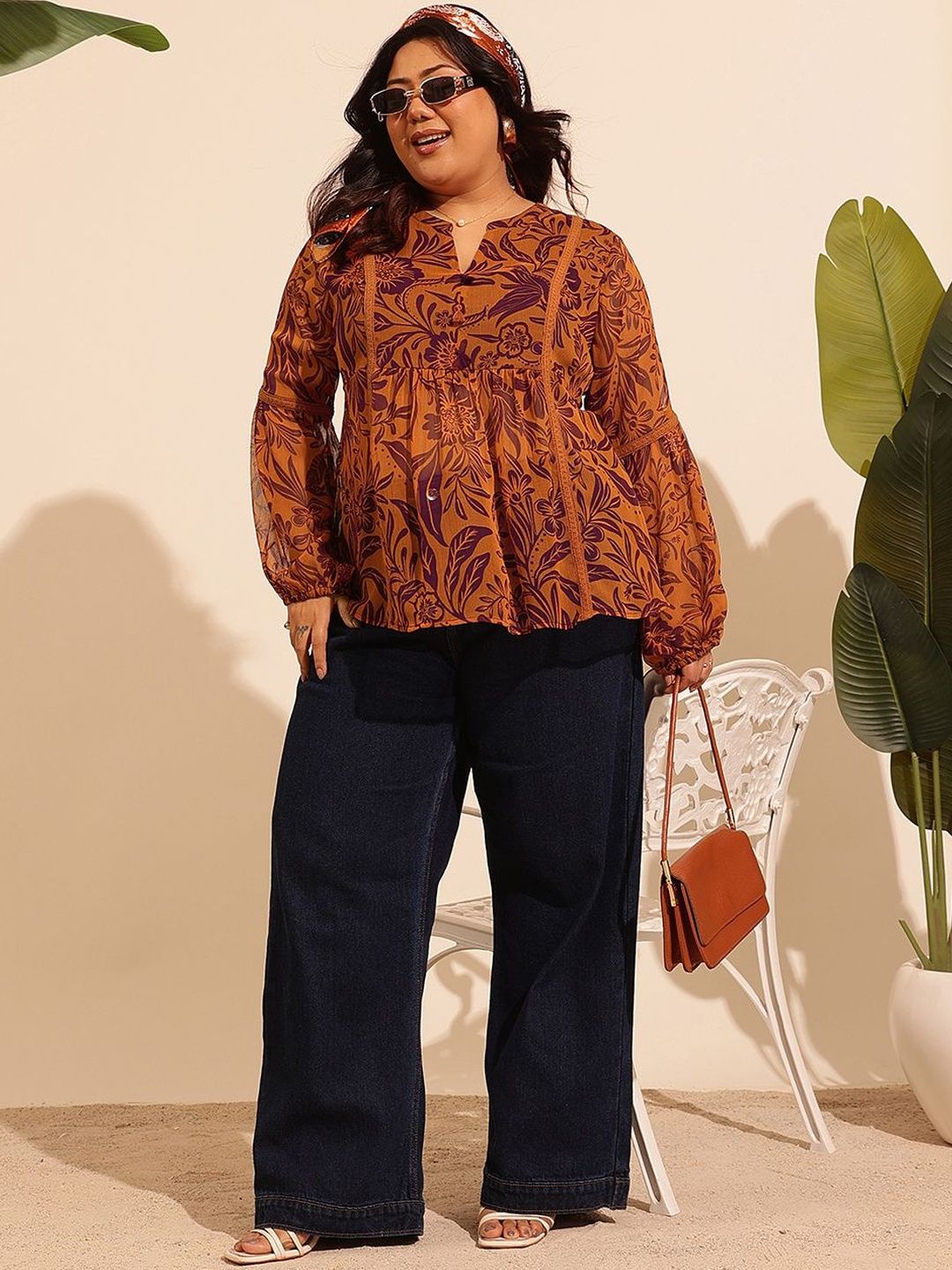 Floral Print Bishop Sleeves Chiffon Top 5