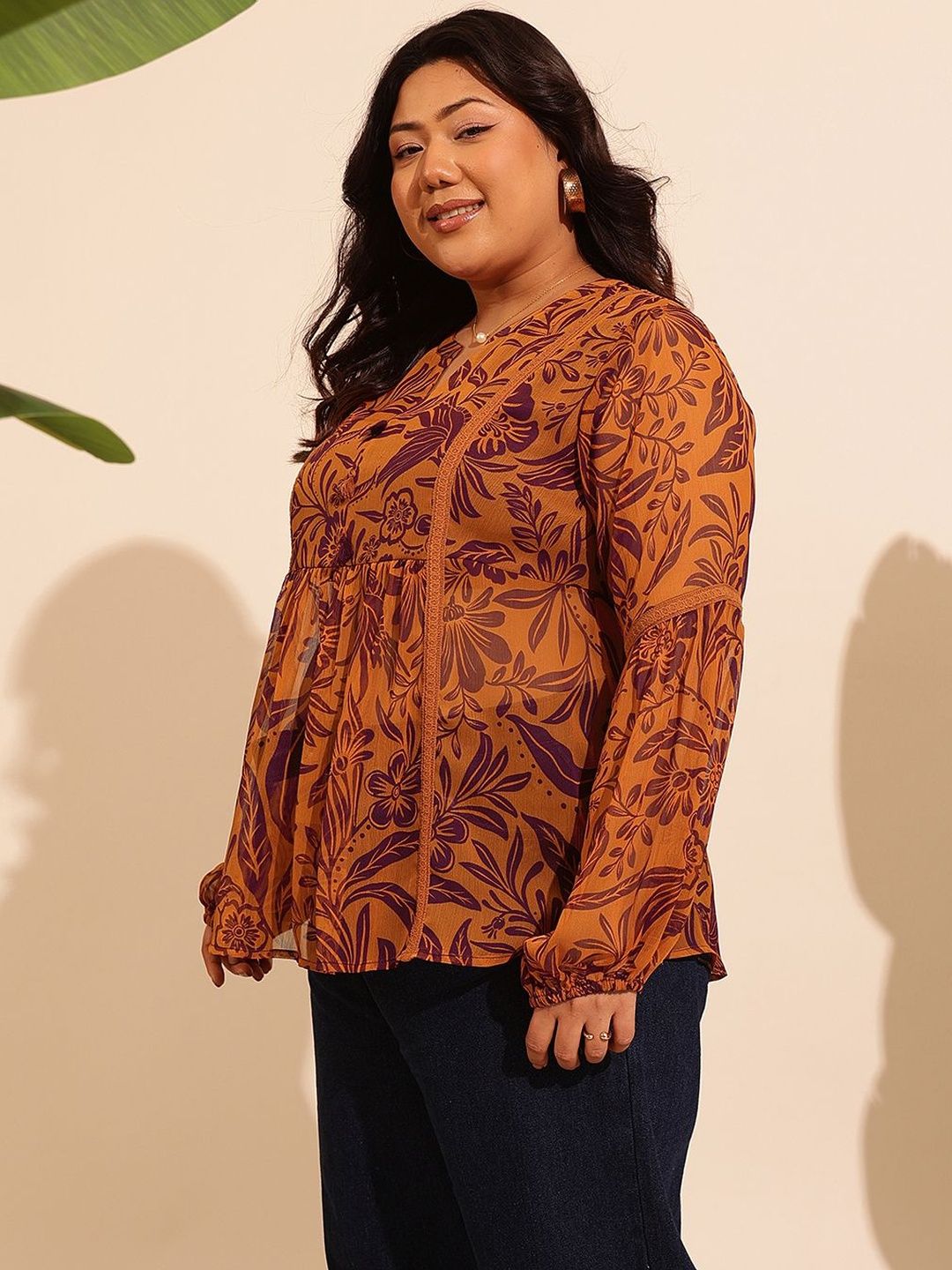 Floral Print Bishop Sleeves Chiffon Top 4