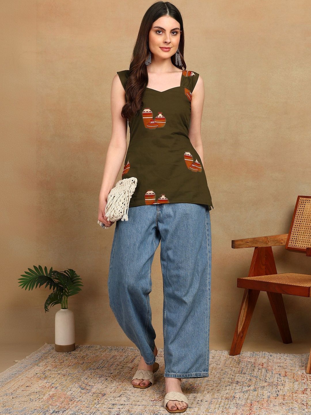 ADYASAA THE LABEL Ethnic Motifs Printed V-Neck Pure Cotton Blend Kurti
