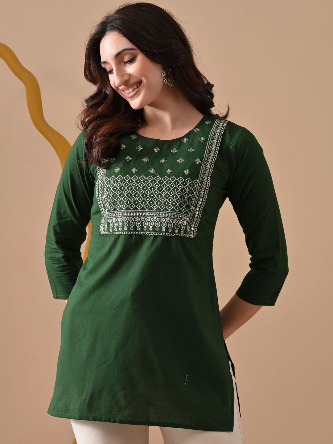 PHYSIL Ethnic Motifs Embroidered Sequinned Pure Cotton Blend Sequinned Kurti