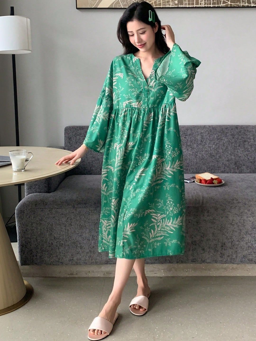MANOJAVA Floral Print Flared Sleeve Kaftan Midi Dress
