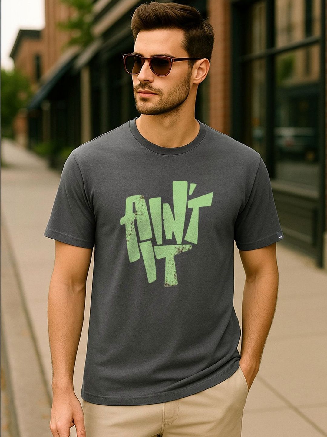 Bewakoof Men's Dark Shadow Grey Aint It Typography T-shirt