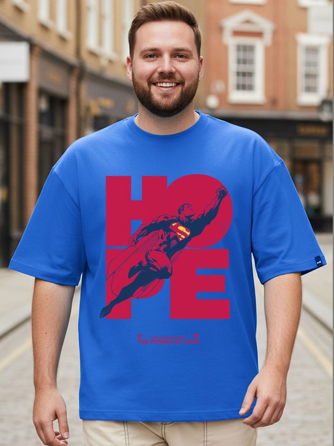 Bewakoof DC Men Blue Superman Graphic Printed Oversized Plus Size T-shirt
