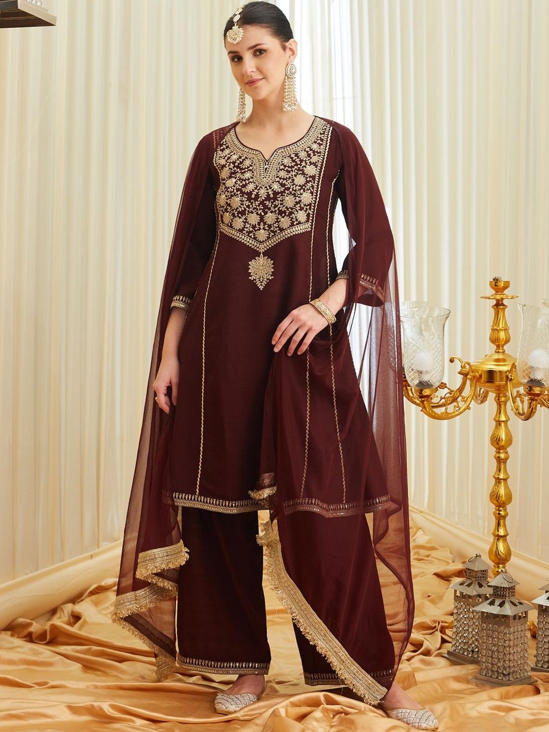 Colors of Earth Silk Embroidered Anarkali Kurta And Palazzo Set With Dupatta