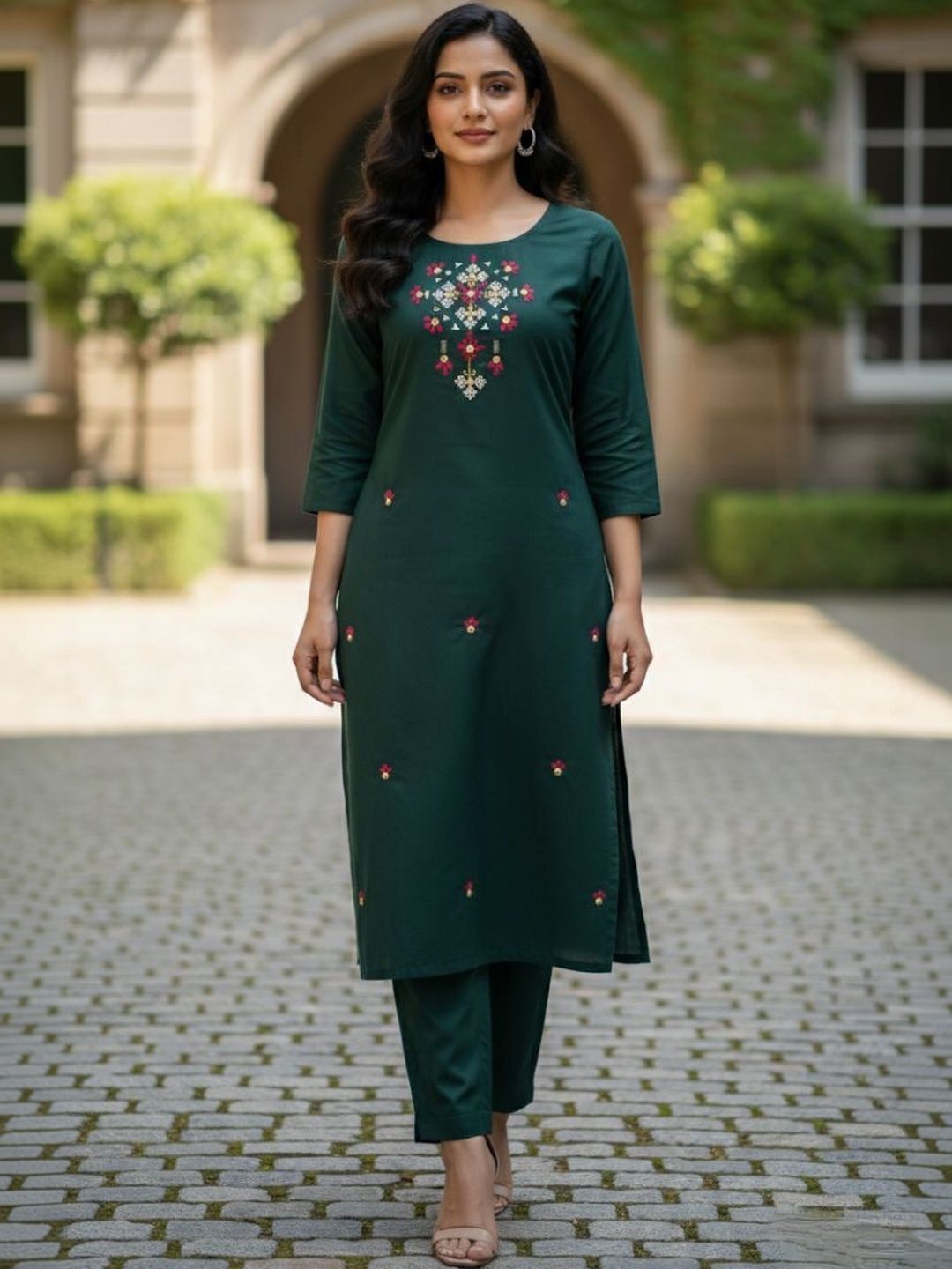 Santati Women Ethnic Motifs Embroidered Regular Mirror Work Kurta with Trousers