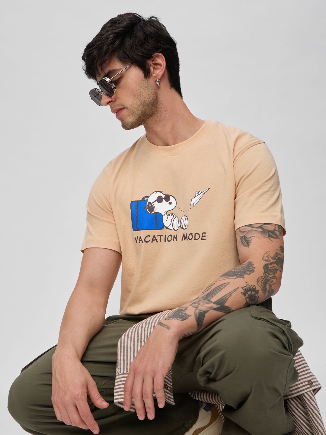 The Souled Store Men Regular Fit Peanuts Printed Beige T-Shirts