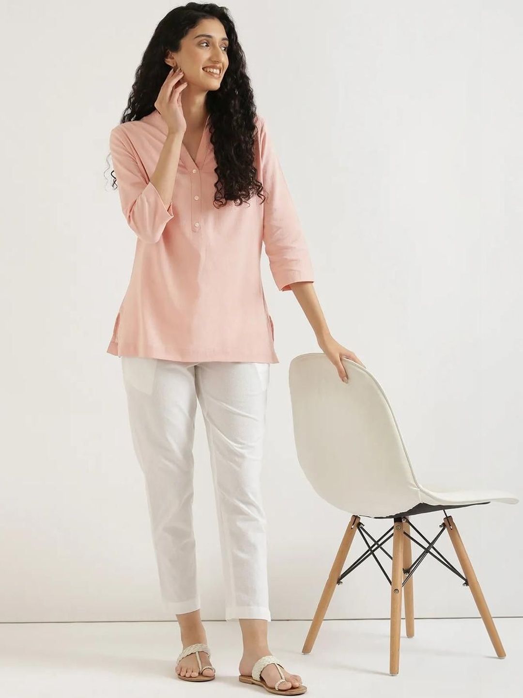 AMIRAS INDIAN ETHNIC WEAR Mandarin Collar Cotton Linen Straight Kurti
