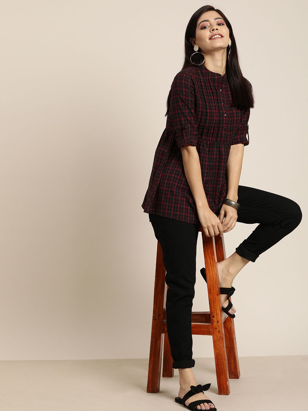 Women Black Checked Woven Legacy A-Line Top with Gathers 4