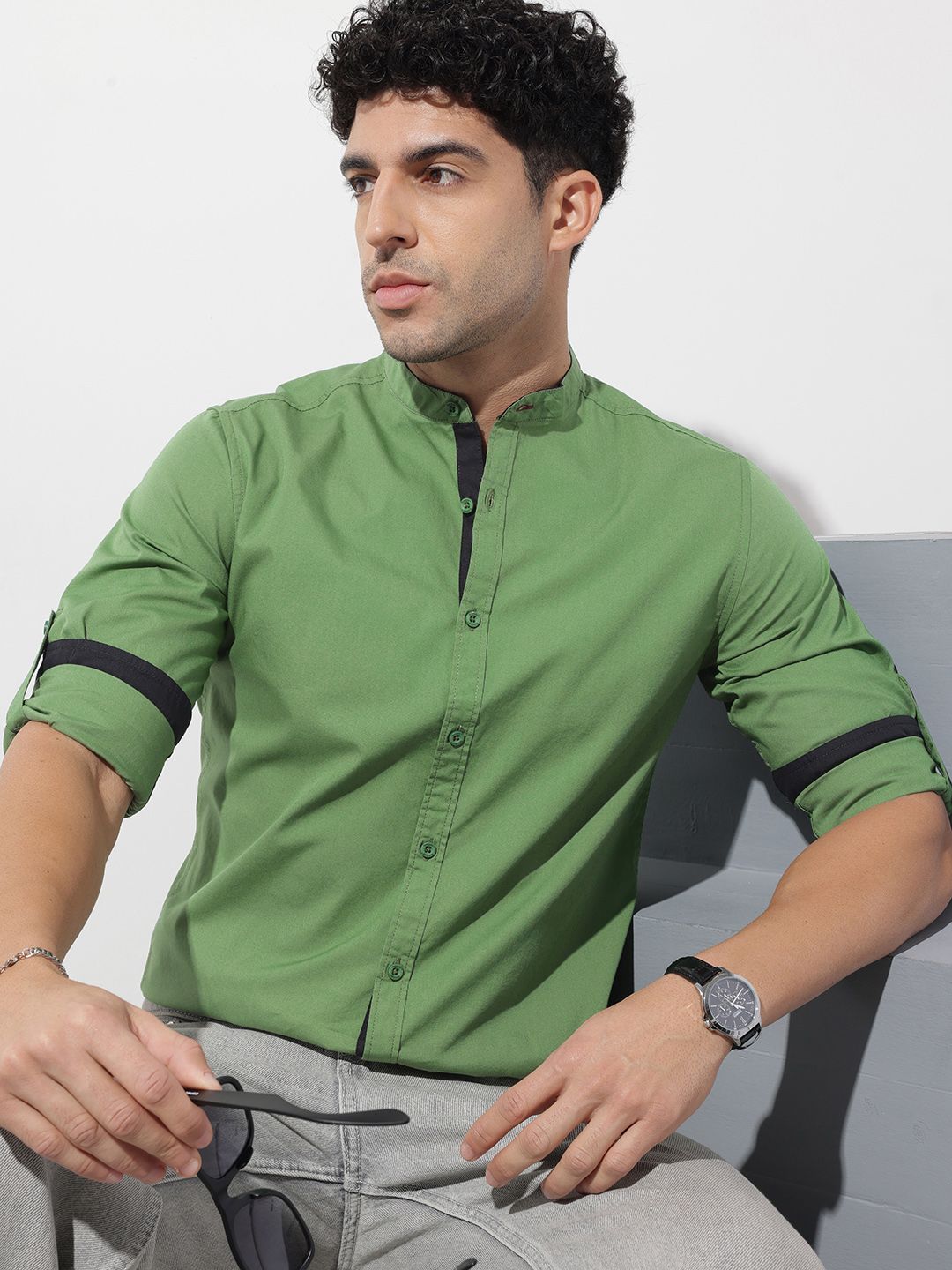 The Roadster Life Co. Band Collar Roll-Up Sleeves Pure Cotton Casual Shirt