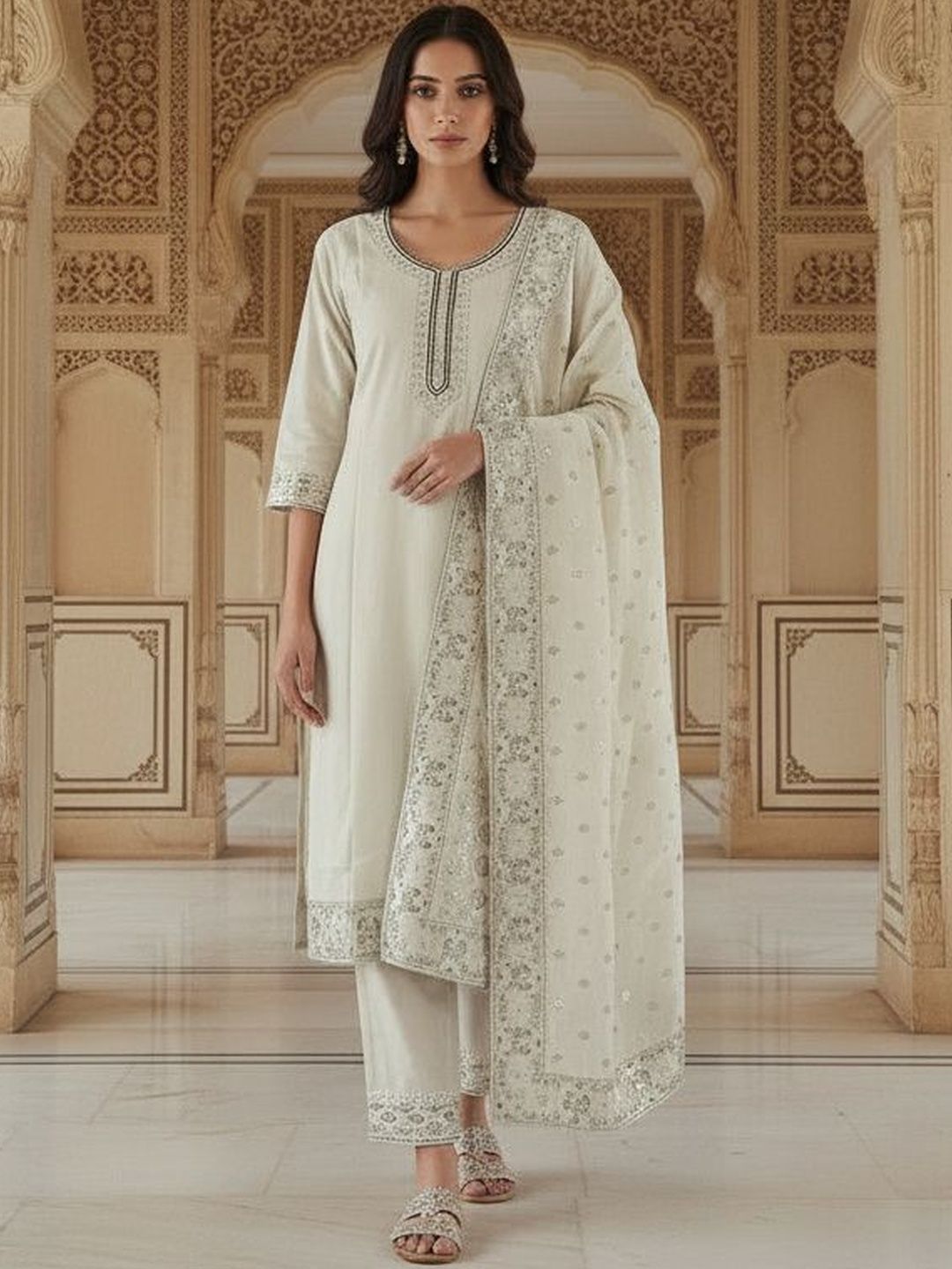 House of Pataudi Embroidered Round Neck Straight Kurta & Trousers With Dupatta