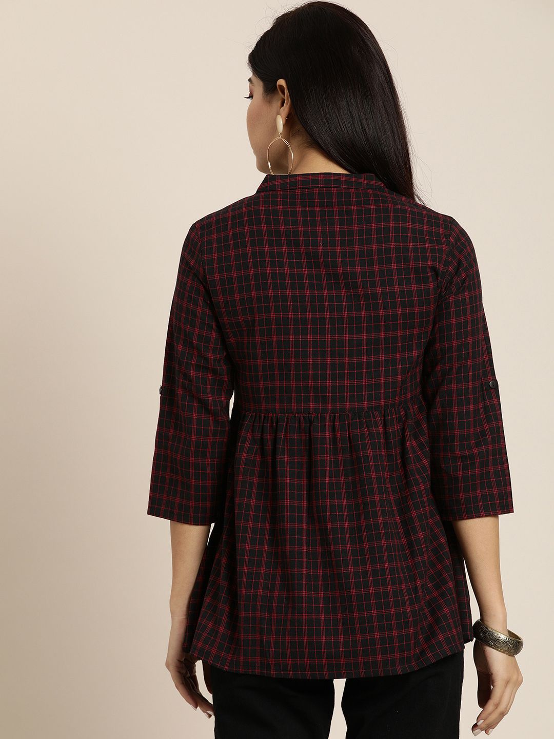 Women Black Checked Woven Legacy A-Line Top with Gathers 3
