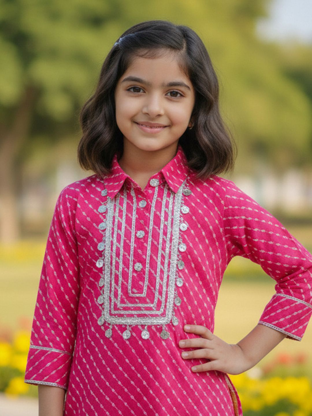 Girls Pink Leheriya Printed Regular Gotta Patti Pure Cotton Kurta with Pyjamas 2