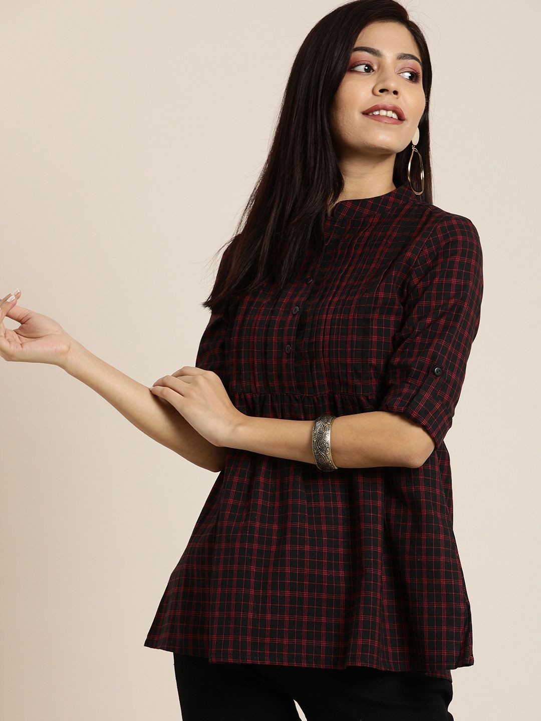 Women Black Checked Woven Legacy A-Line Top with Gathers 2