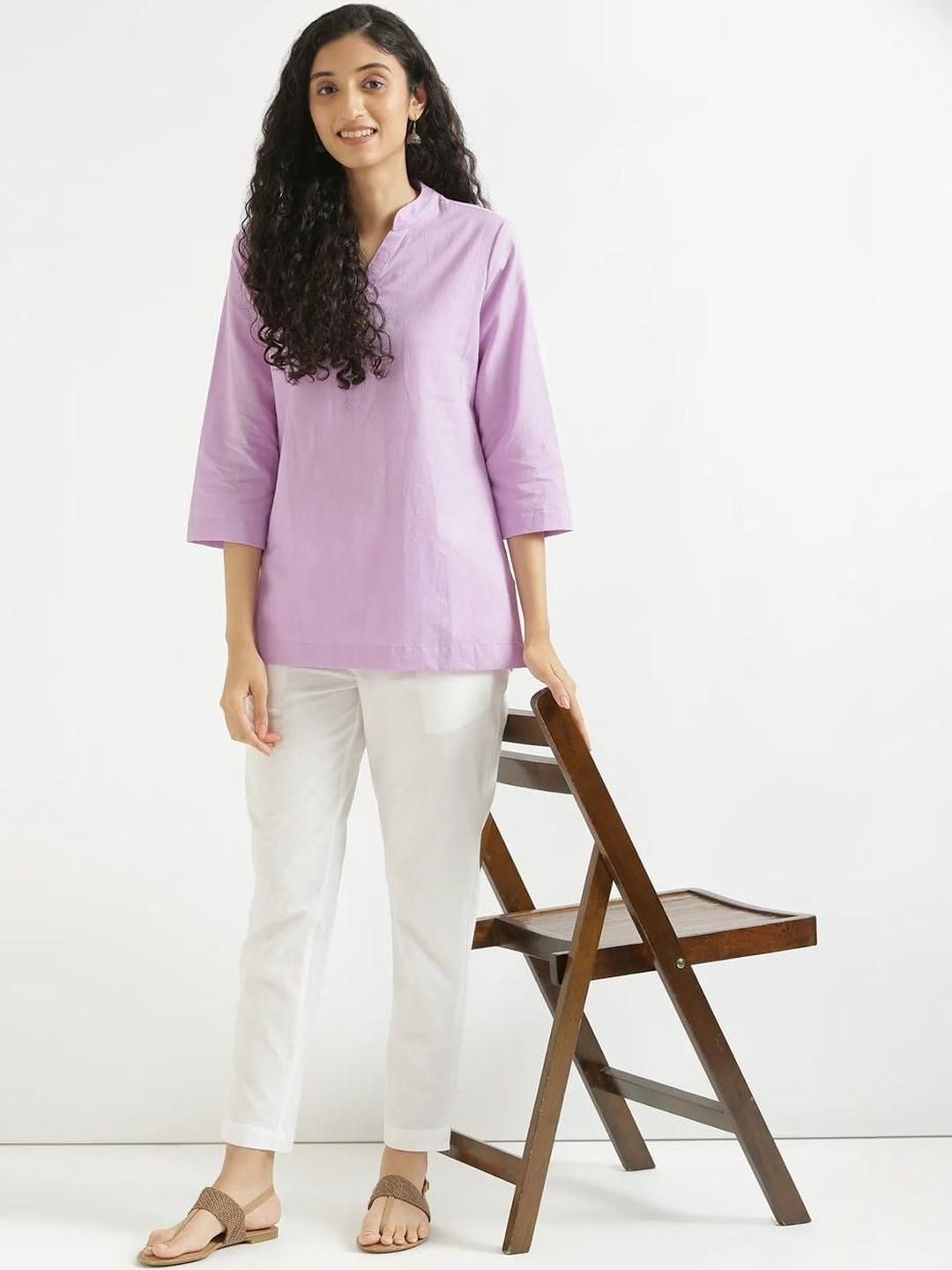 AMIRAS INDIAN ETHNIC WEAR Mandarin Collar Cotton Linen Straight Kurti