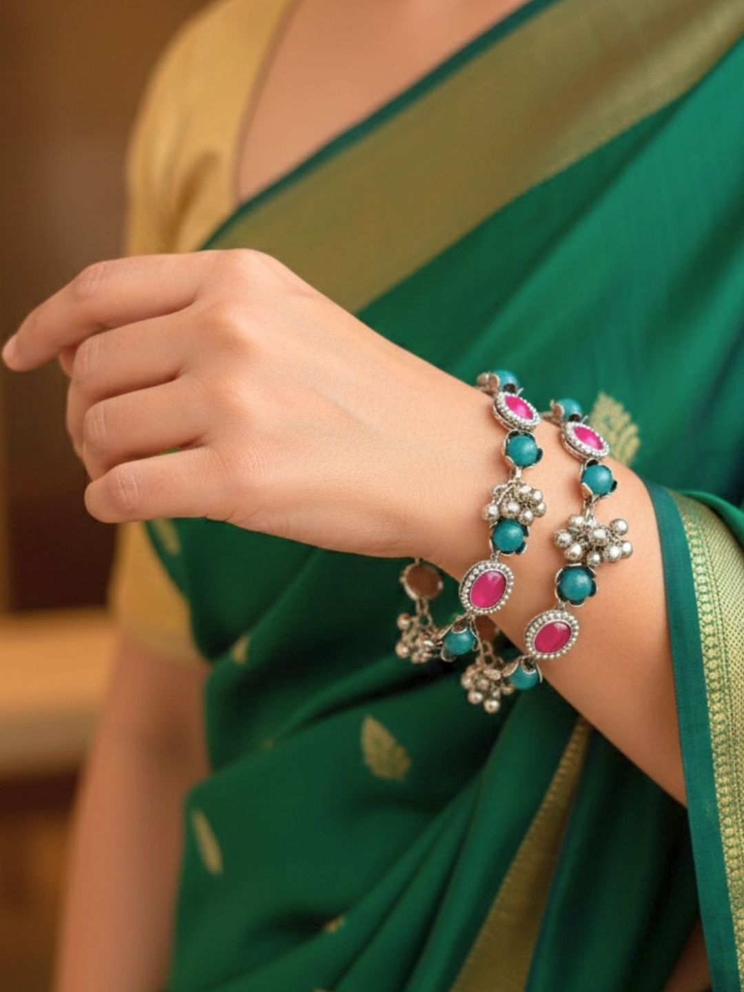 Buy VIVAZS Set Of 2 Silver Plated Beaded Kashmiri Bangles -  - Accessories for Women