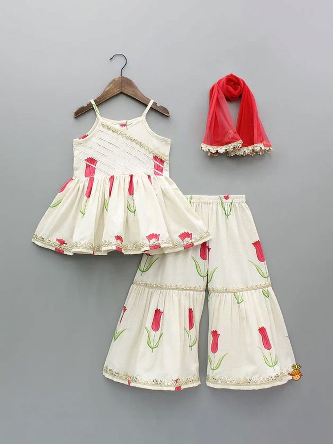 Bholukart Girls Floral Printed Regular Gotta Patti Raw Silk Top with Sharara & With Dupatta