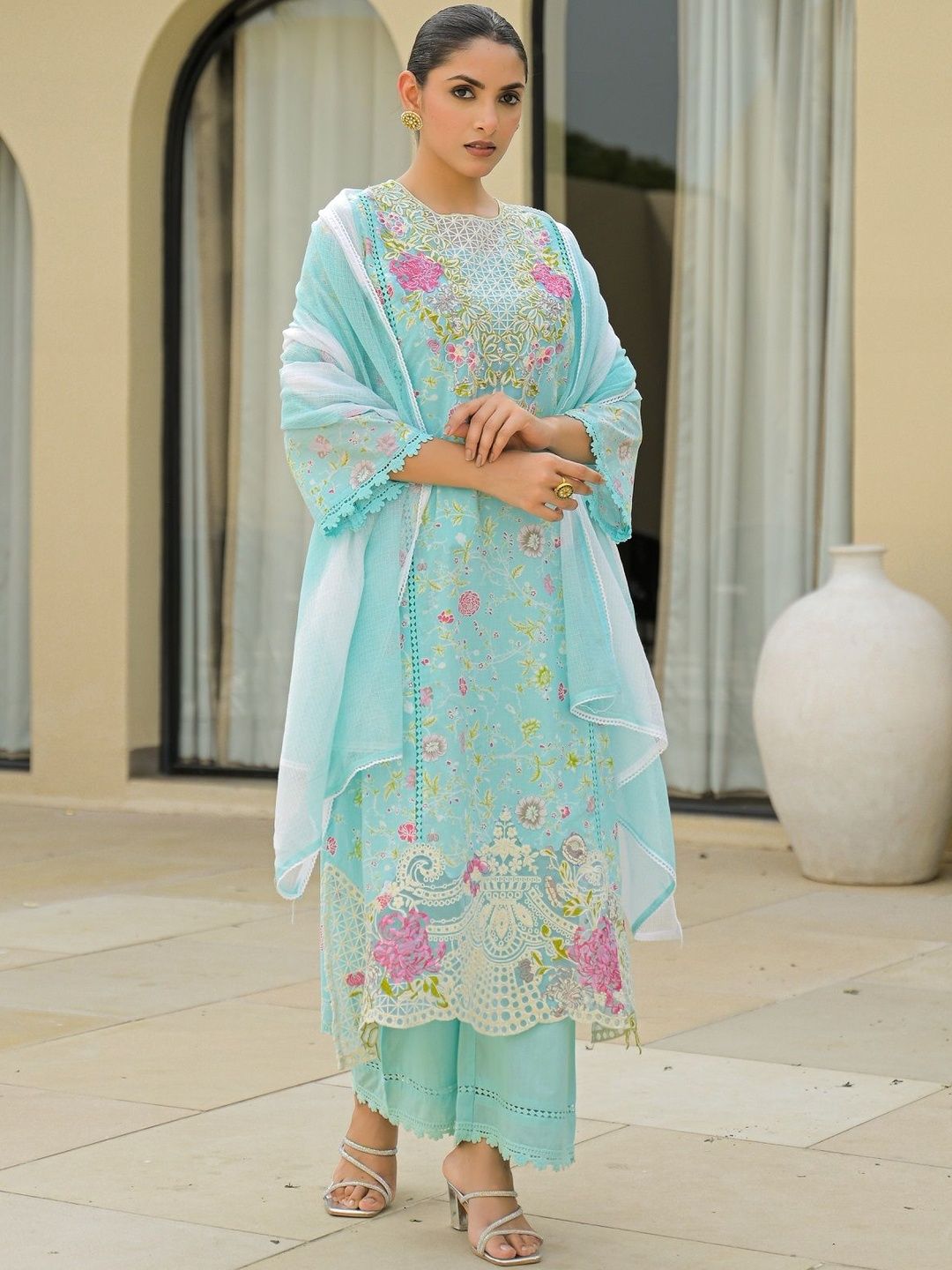 Bairaas Women Floral Embroidered Thread Work Pure Cotton Kurta with Palazzos and Dupatta
