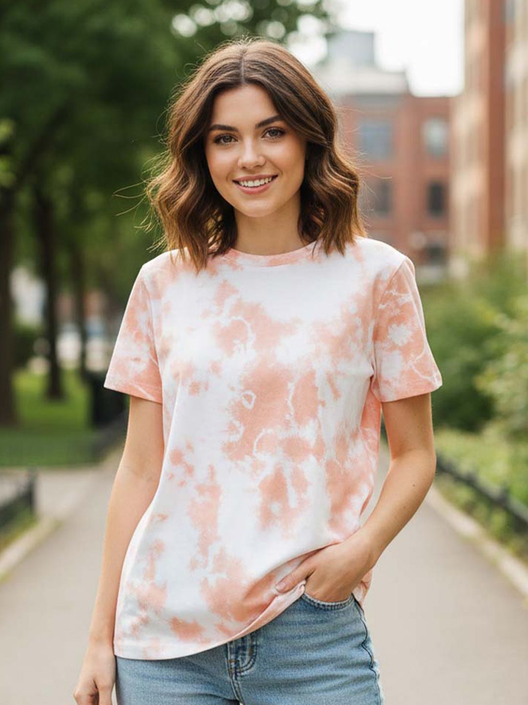 Orange Tie and Dye Round Neck Regular Fit T-shirt