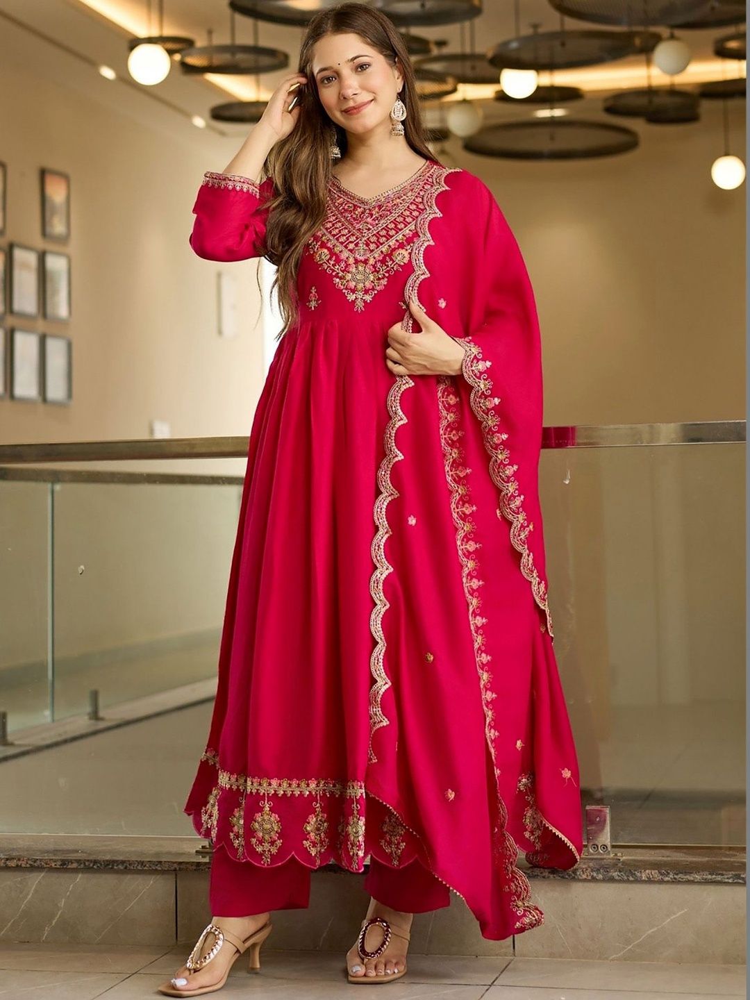 Moda Rapido Women Ethnic Motifs Embroidered Empire Thread Work Kurta with Trousers & With Dupatta