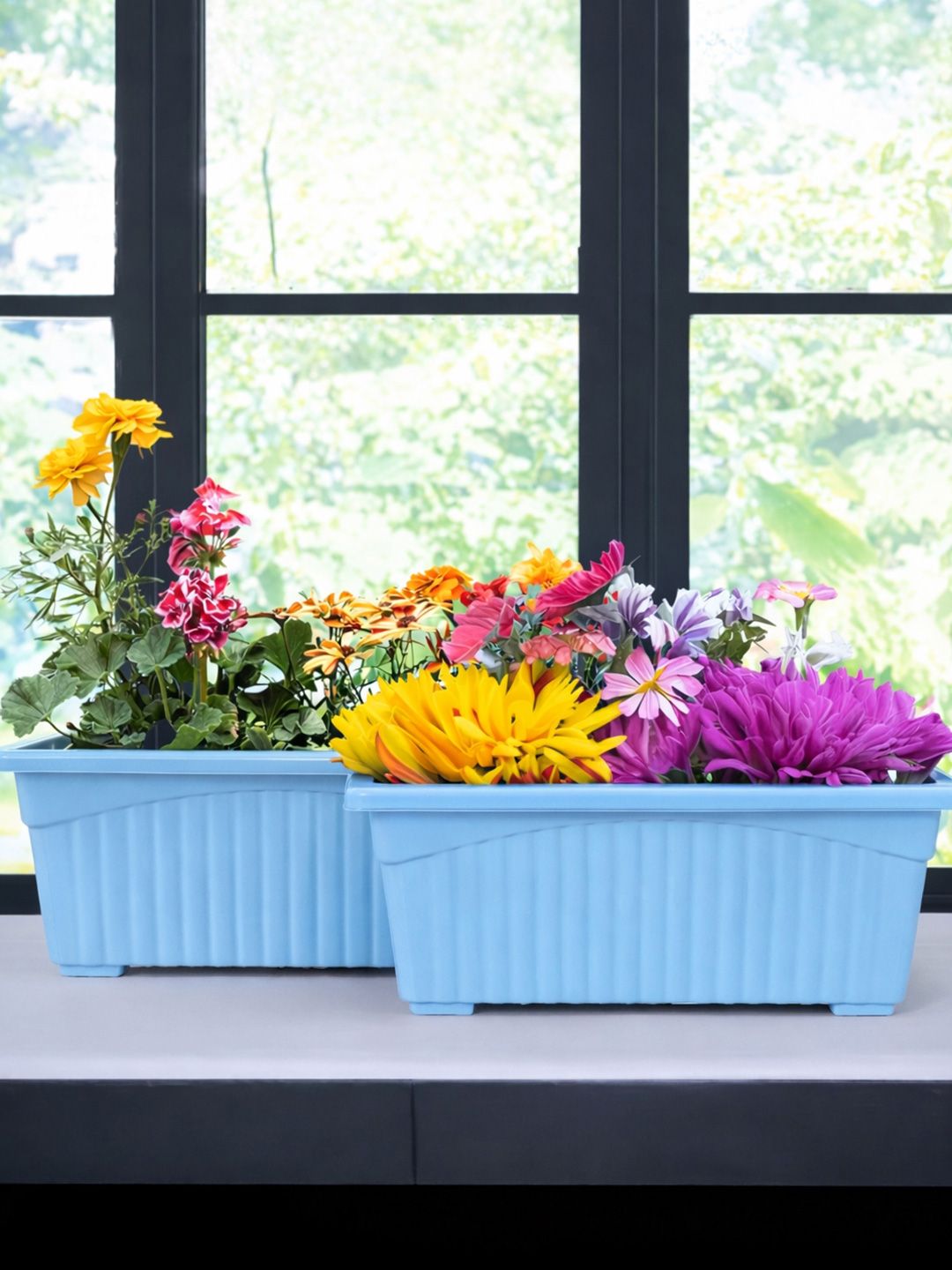 Kuber Industries Pack of 2 Blue Rectangular Jupiter Plastic Window Flower Planters