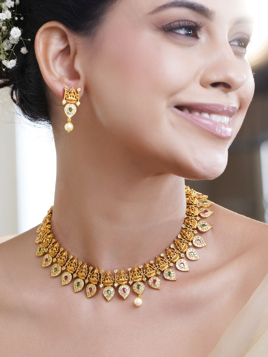 Rubans Women 22K Gold Plated Cubic Zirconia Temple Necklace Set