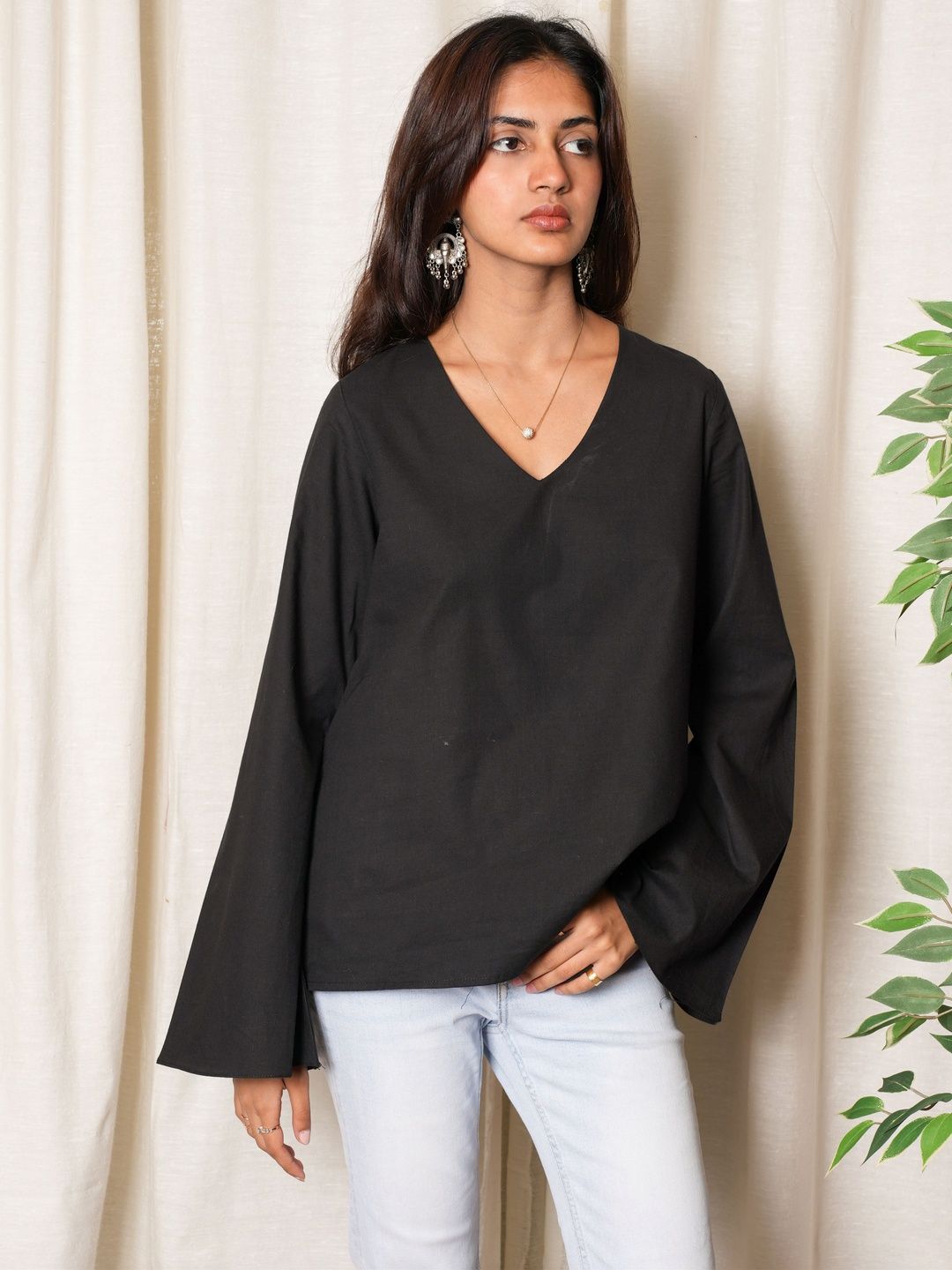 NISHORAMA Bell Sleeve Cotton Top