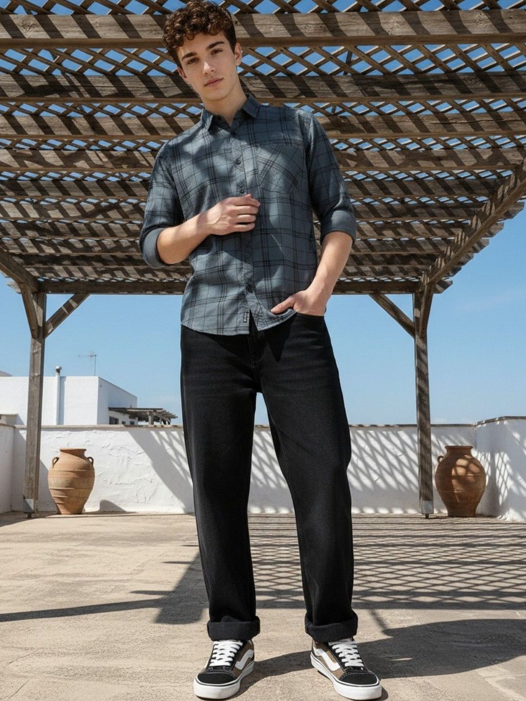 Grey Regular Fit Windowpane Checked Casual Shirt