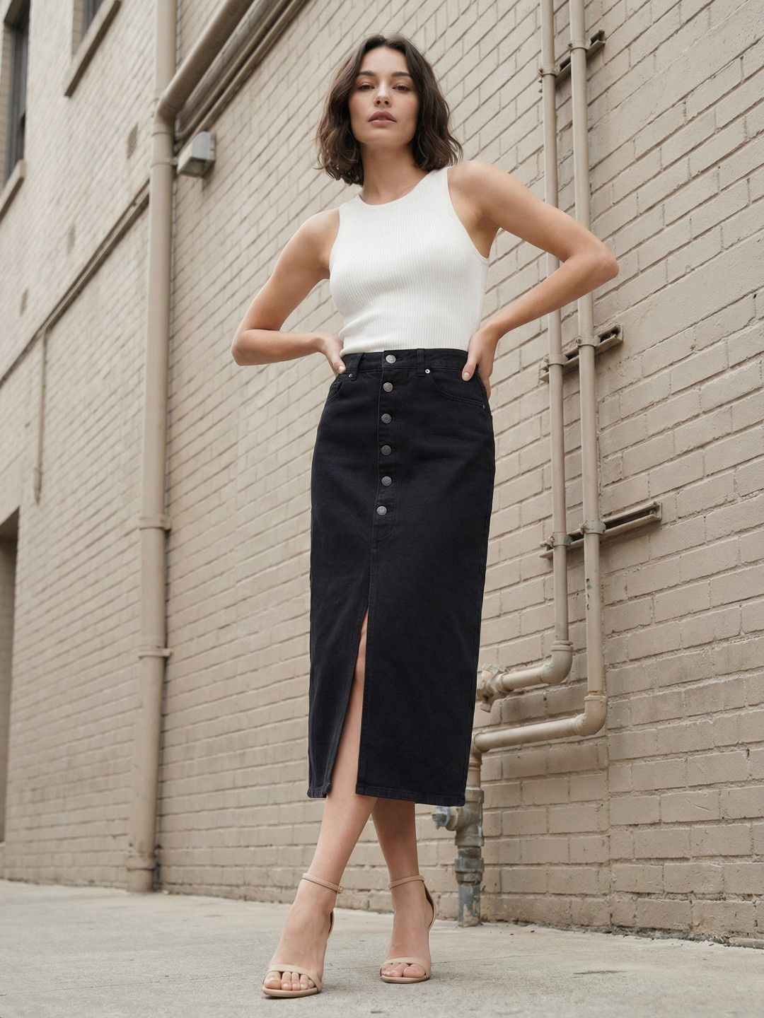 Denim Midi-Length Straight Skirts