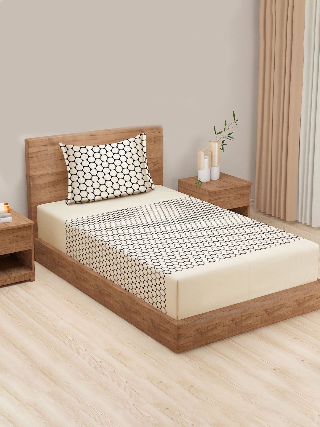 SWAYAM White Geometric 160 TC Single Bedsheet with 1 Pillow Covers