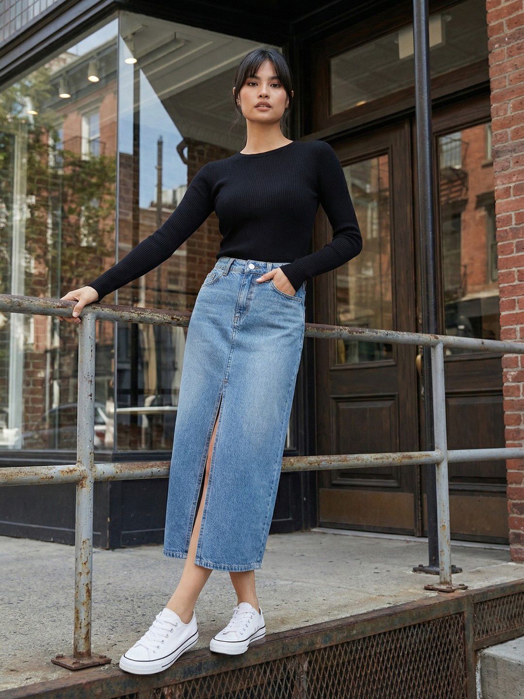 Denim Midi-Length Straight Skirts