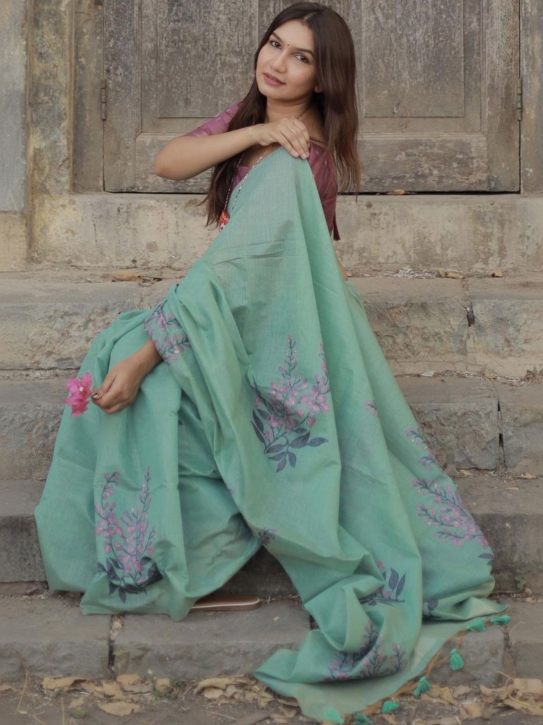Green Cotton Linen Soft Silk Saree 3