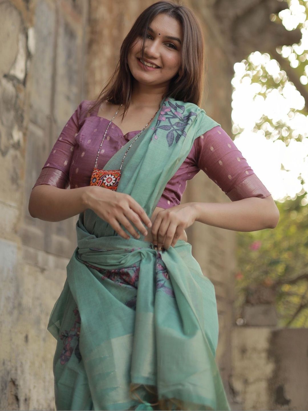 Green Cotton Linen Soft Silk Saree 2