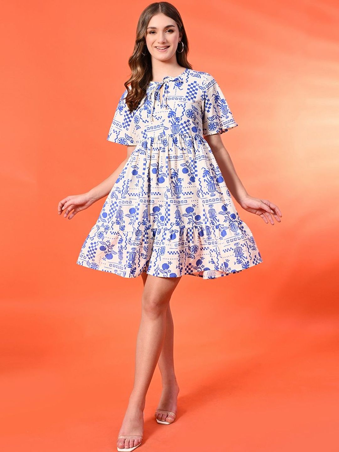 CORSICA Print Tie-Up Neck A-Line Dress