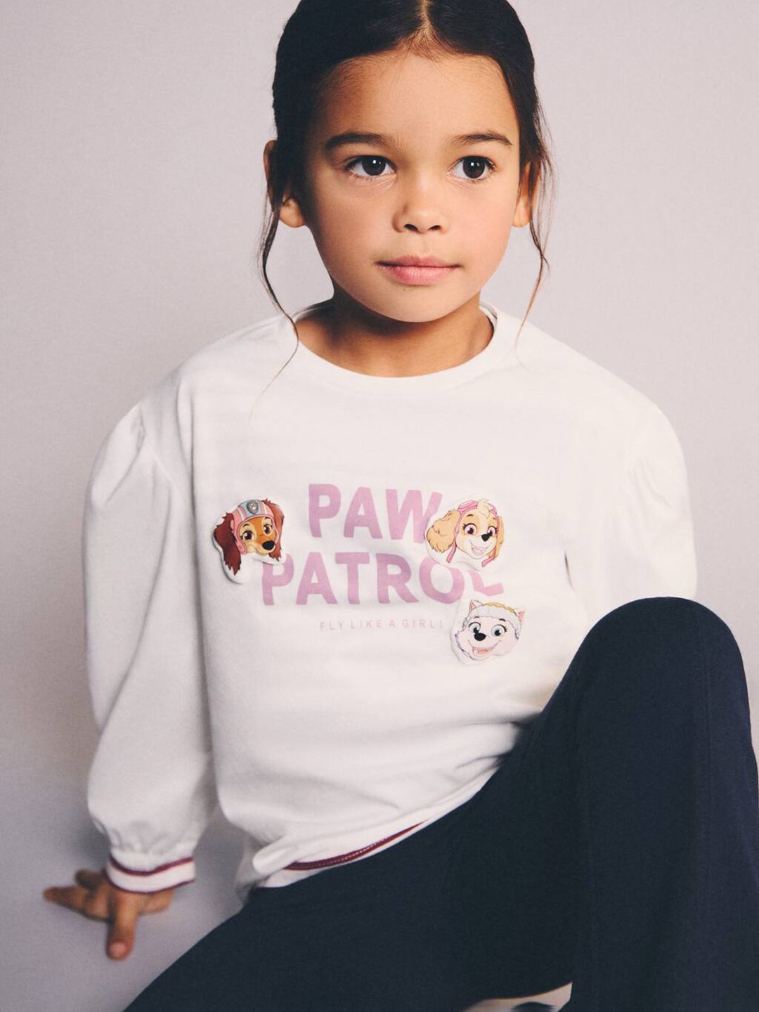 Mango Kids Girls Typography Printed Puff Sleeves Pure Cotton T-shirt