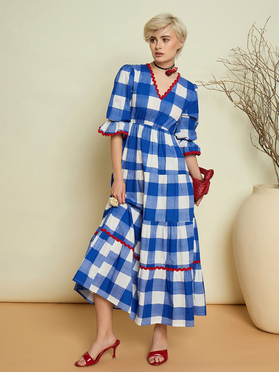 Pink Paprika by SASSAFRAS Checked Puff Sleeve Ruffled Fit & Flare Maxi Dress