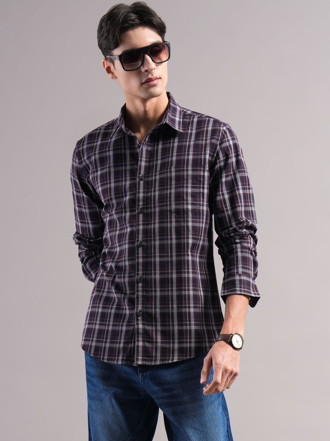 British Club Men Smart Slim Fit Tartan Checks Checked Casual Shirt