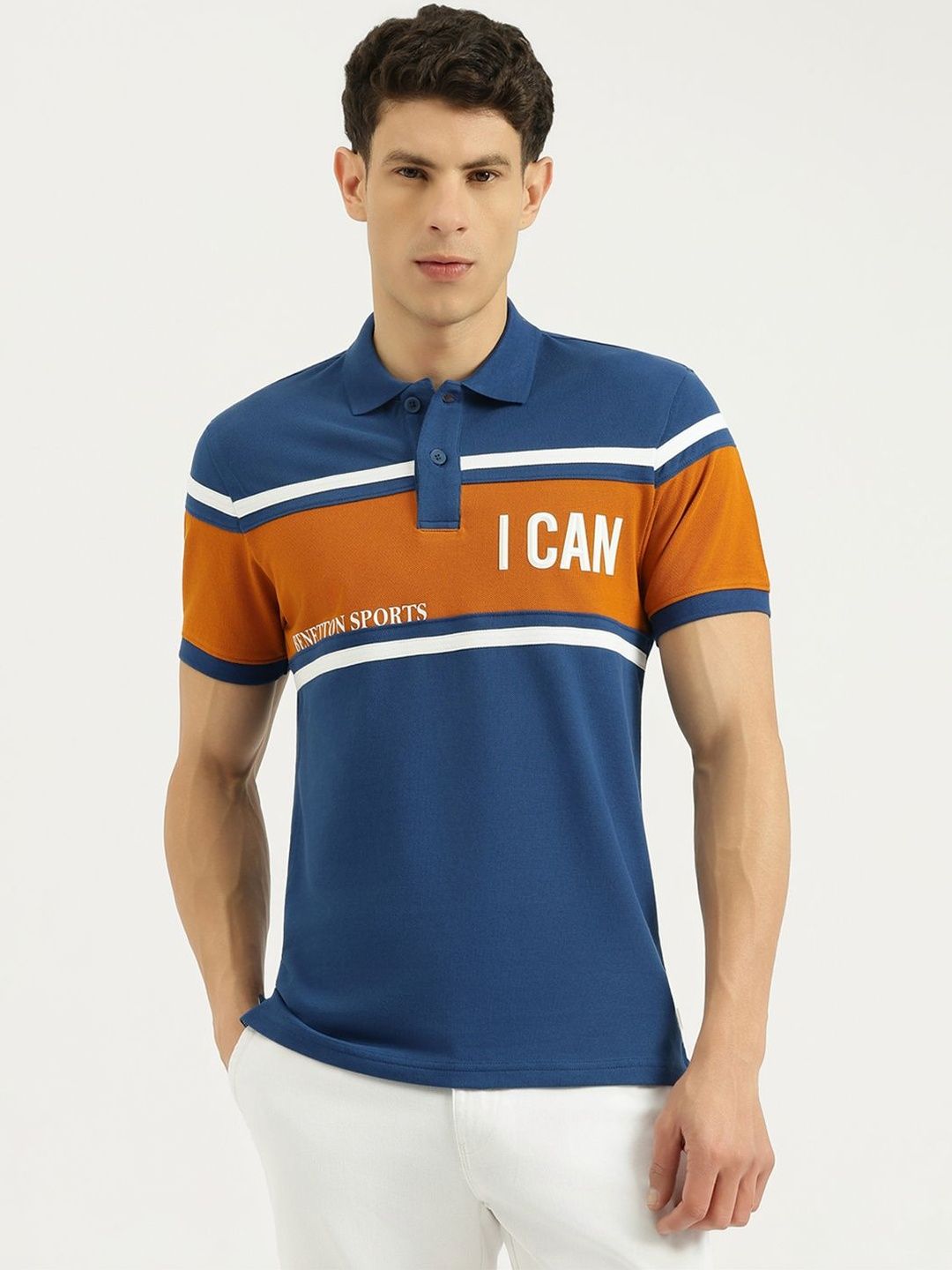 United Colors of Benetton Men Typography Colourblocked Polo Collar Pure Cotton T-shirt